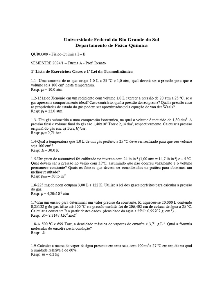 03 - PRIMEIRA LISTA DE EXERCÍCIOS - GASES E PRIMEIRA LEI DA ...