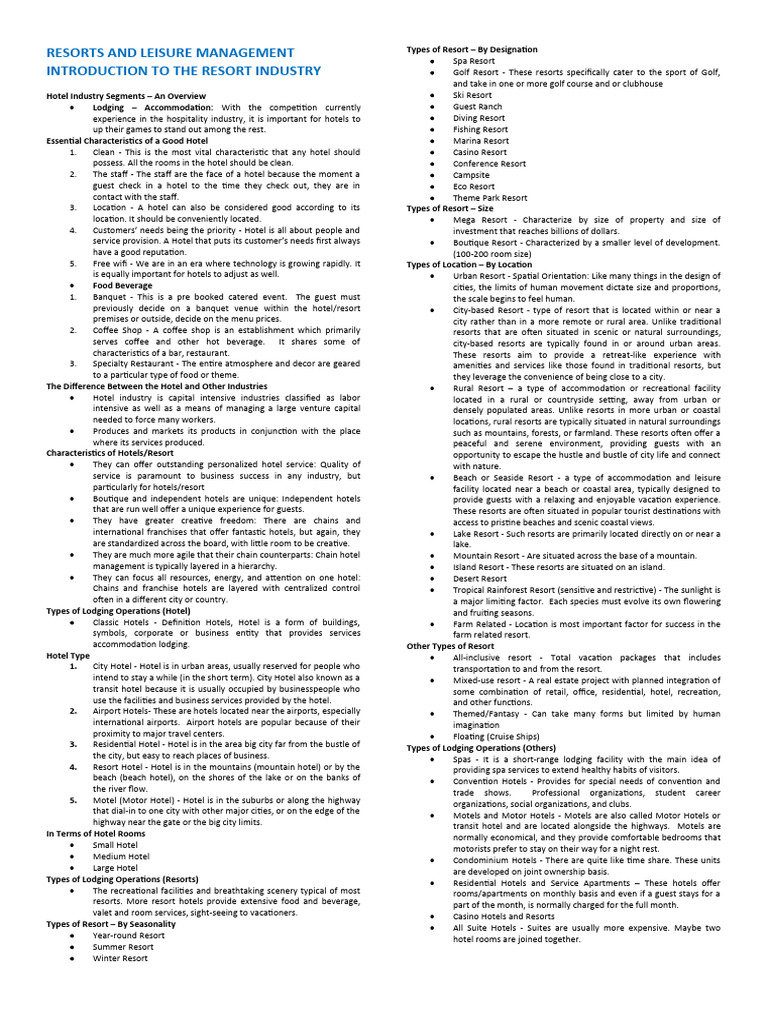 Overview of Resort and Hotel Management | PDF | Resort | Hotel