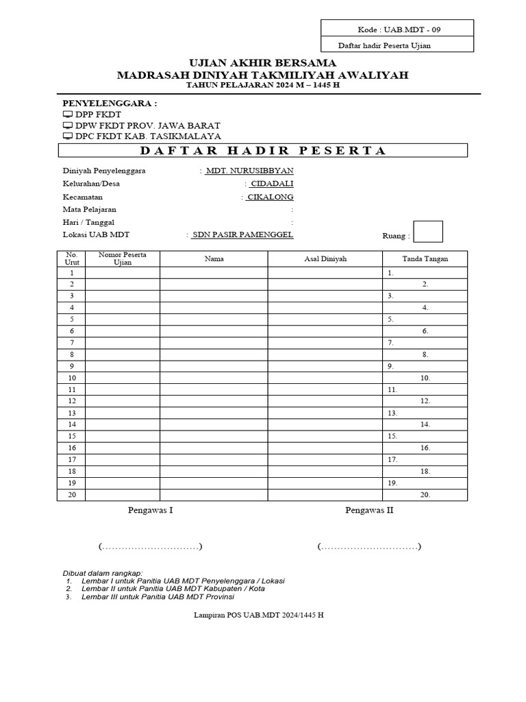 Daftar Hadir Peserta Ujian MDT 2024 | PDF