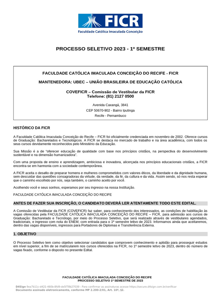 Processo Seletivo FICR 2023: Inscrições e Cursos | PDF | Diploma de ...