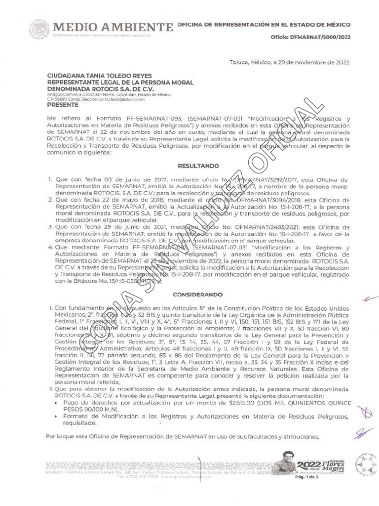 ACTUALIZACIÓNAutorización para Transporte de RP - FF - SEMARNAT - 093 | PDF