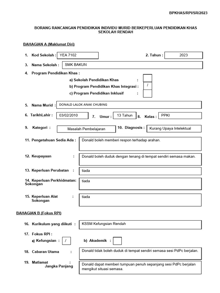 Borang RPI RENDAH Kefungsian | PDF