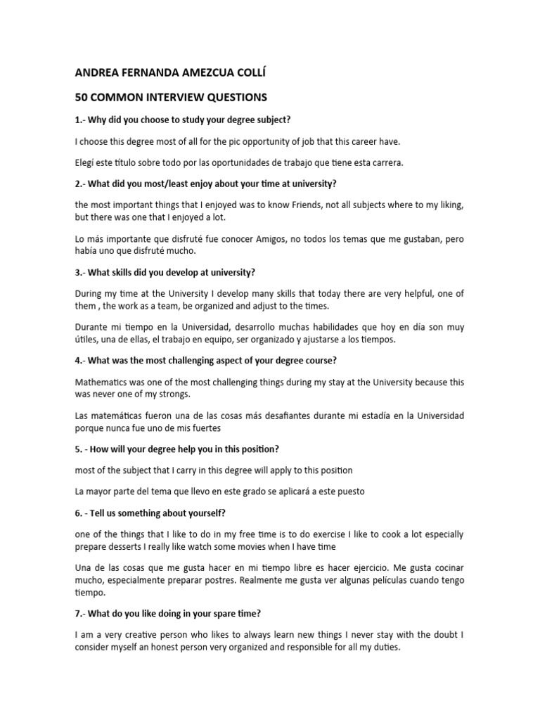 50 common interview questions | PDF