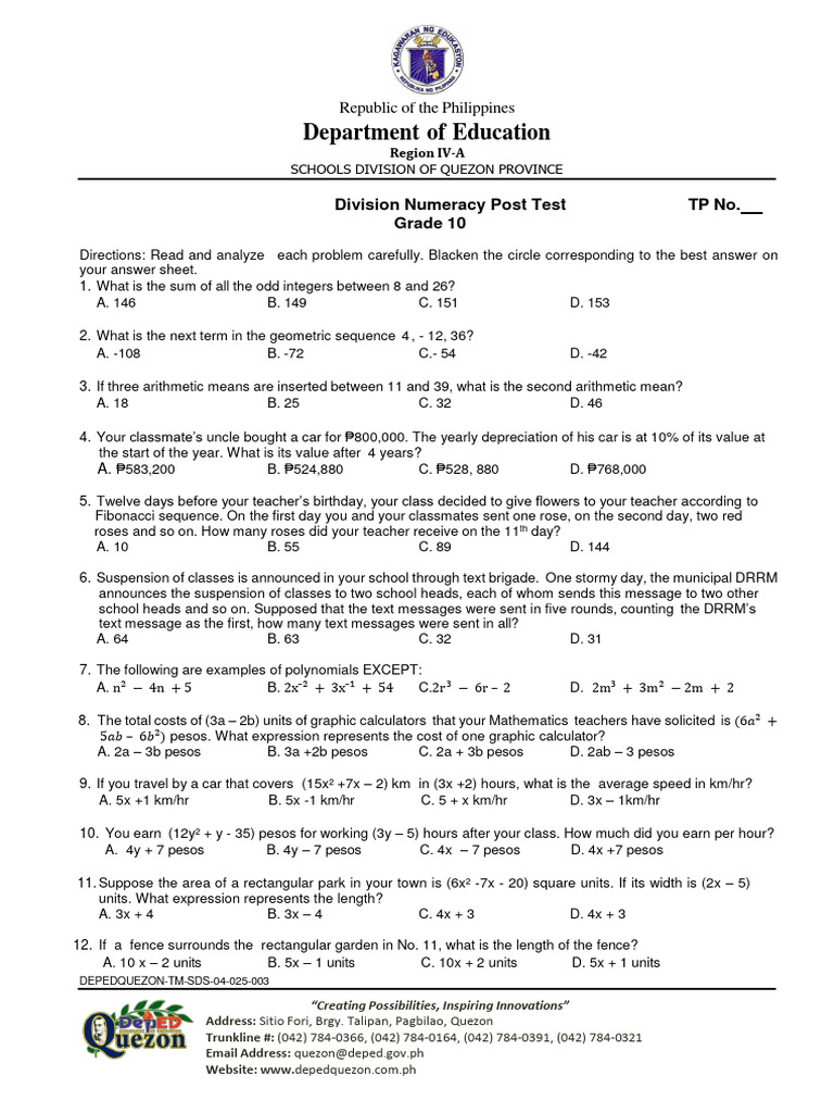 Grade 10 Numeracy Assessment Test | PDF | Circle | Trigonometric Functions