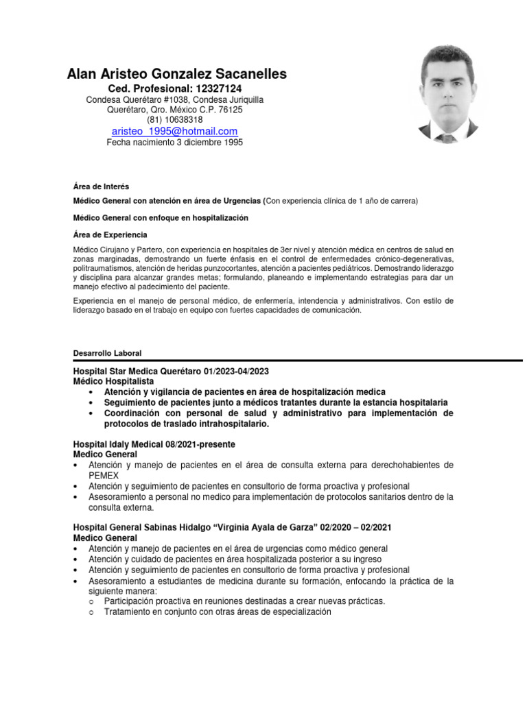 CV Alan Aristeo Gonzalez Sacanelles | PDF | Hospital | Medicina