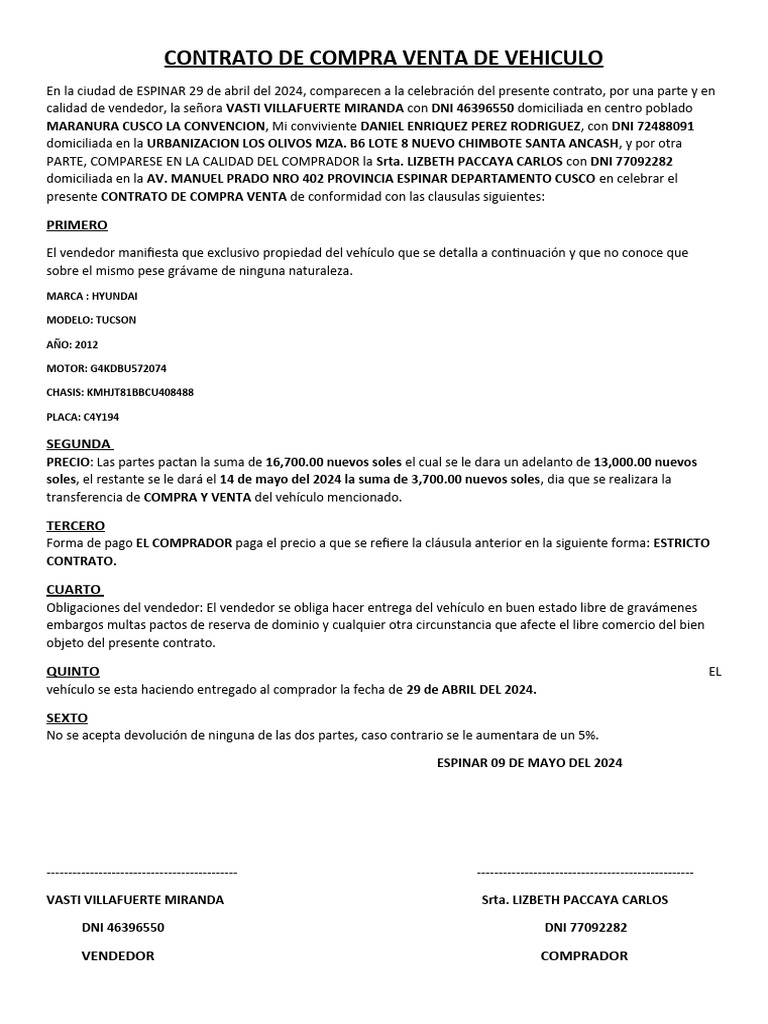Contrato de Compra Venta de Vehiculo Lizzzzzz | PDF | Consentimiento ...