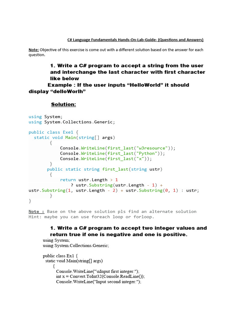 C# Language Fundamentals Hands-On-Lab-Guide- (Questions and Answers ...