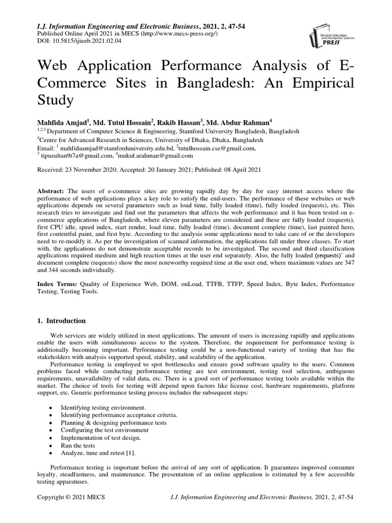 Web application performance analysis of ecommerce sites in bangladesh