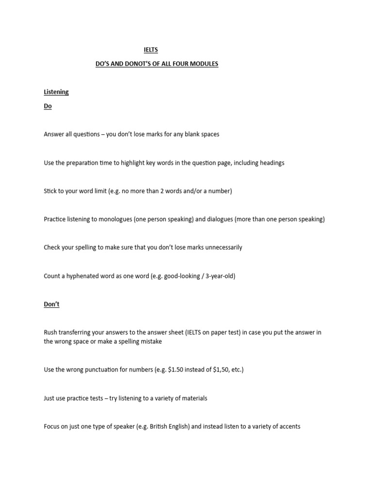IELTS Modules: Do's and Don'ts Guide | PDF | International English ...