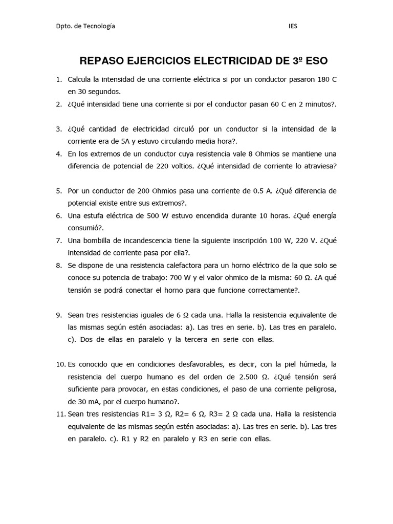 Ejercicios de Electricidad 3º ESO | PDF | Resistencia Eléctrica y ...