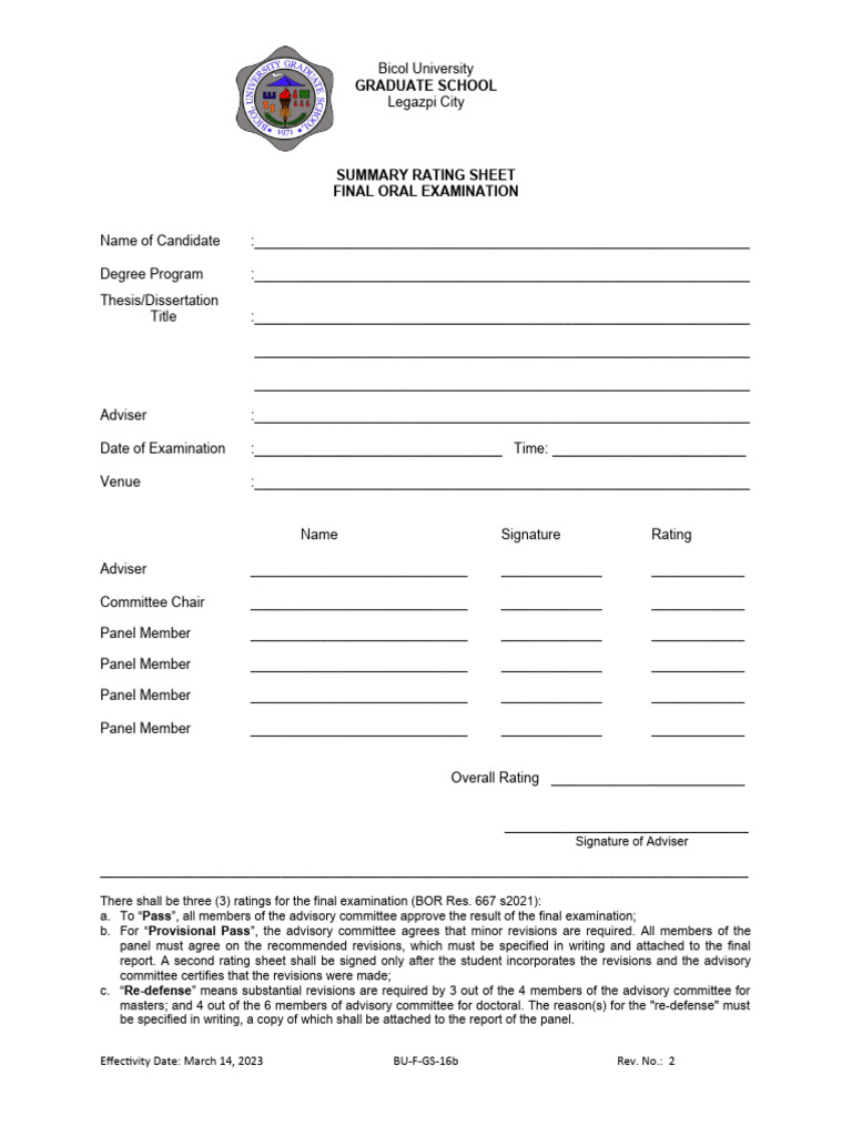 BU-F-GS-16b Summary Rating Sheet Rev2 | PDF | Thesis | Academia