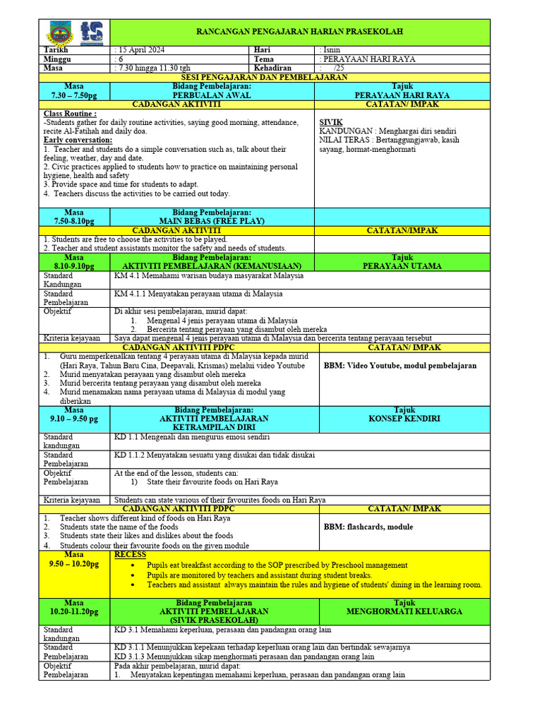 RPH Perayaan Hari Raya Prasekolah | PDF | Karier & Perkembangan ...