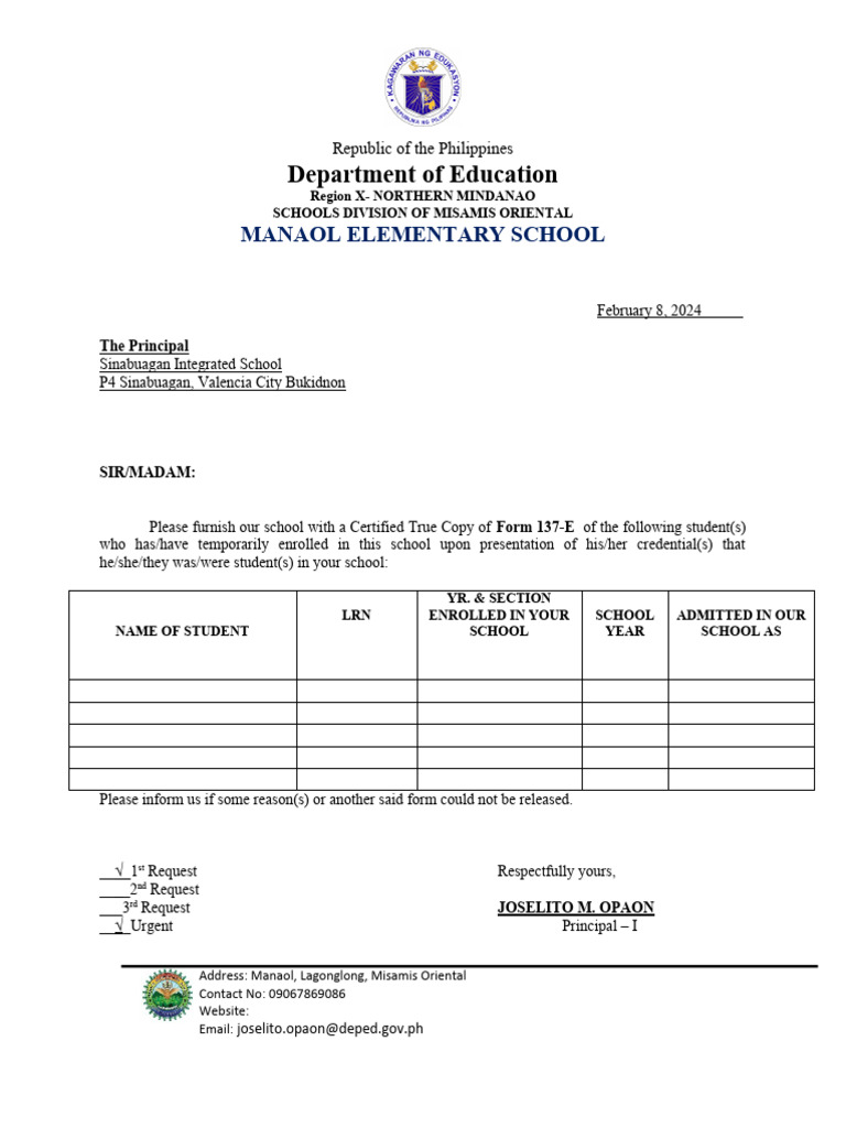 Request for Student Records Form 137-E | PDF