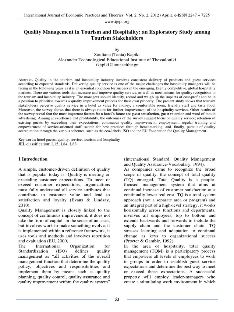Article 1 Quality Management In Tourism And Hospitality An