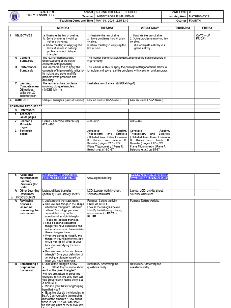 DLL For LC 48.1a-Word-problems-involving-Laws-of-Sines (Esmen) | PDF ...