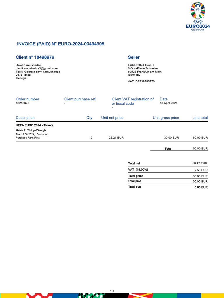 UEFA EURO 2024 Ticket Invoice | PDF