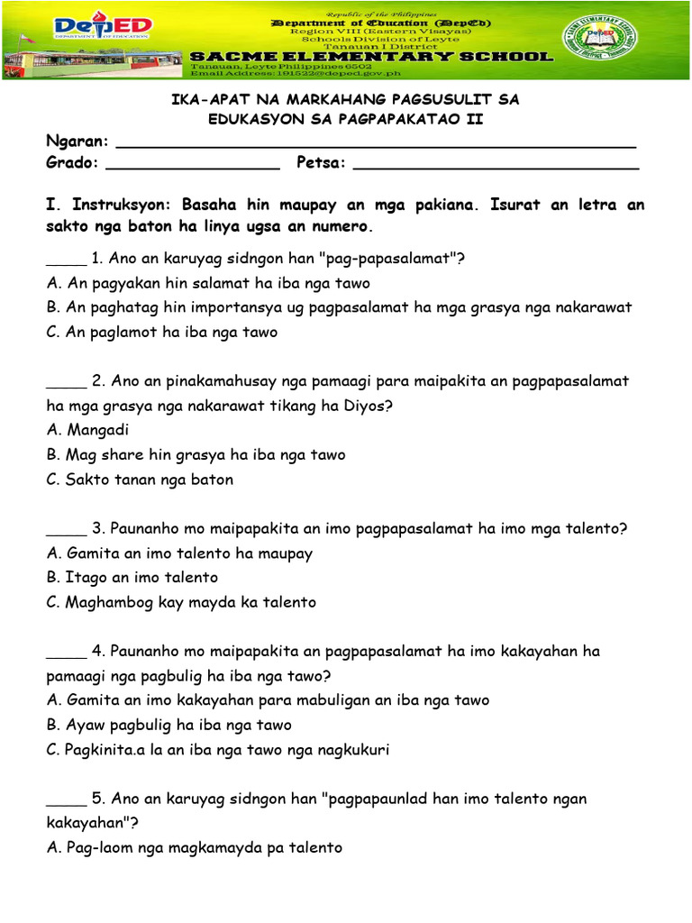 4th Quarter Periodical Test ESP PDF