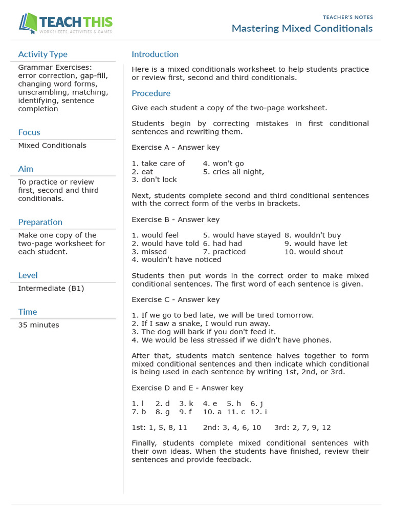 Mixed Conditionals Practice Worksheet | PDF | Linguistics