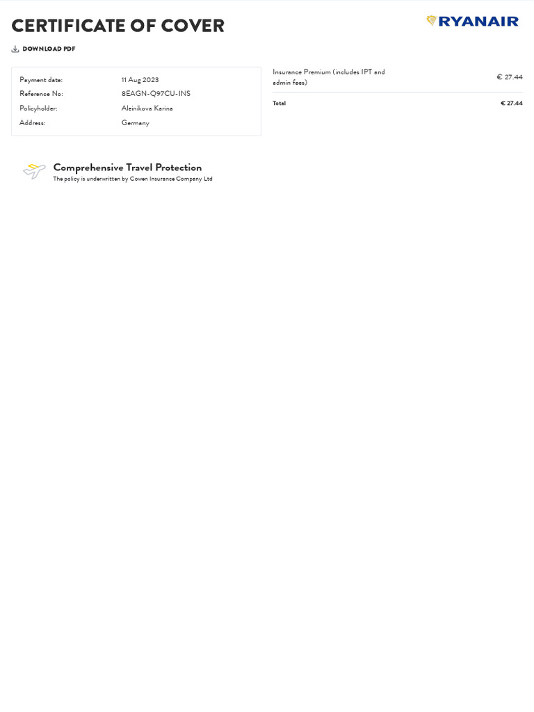 Comprehensive Travel Insurance Certificate | PDF | Insurance | Social ...