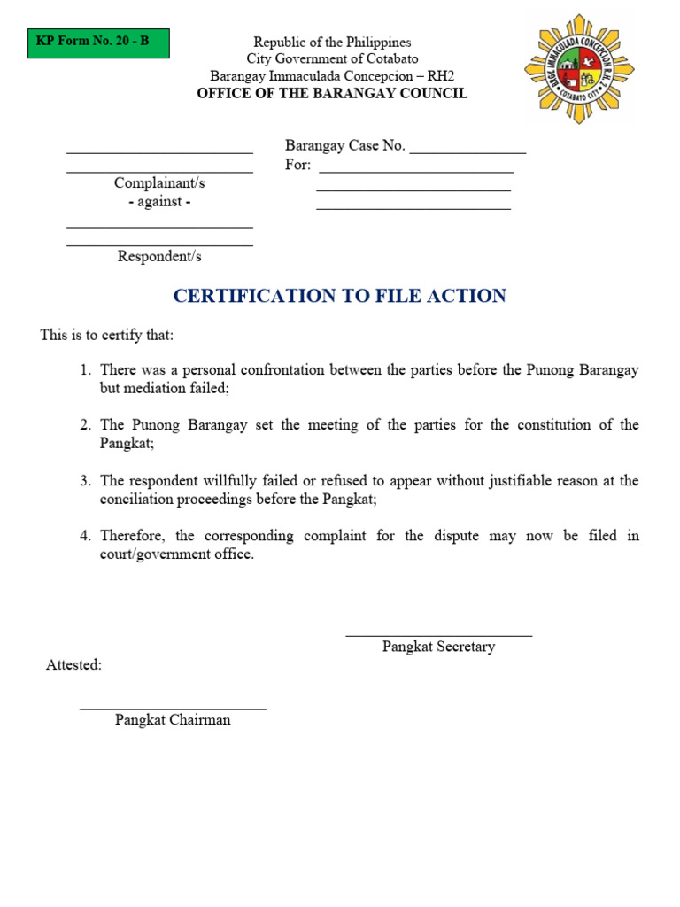 Barangay Certification for Legal Action | PDF
