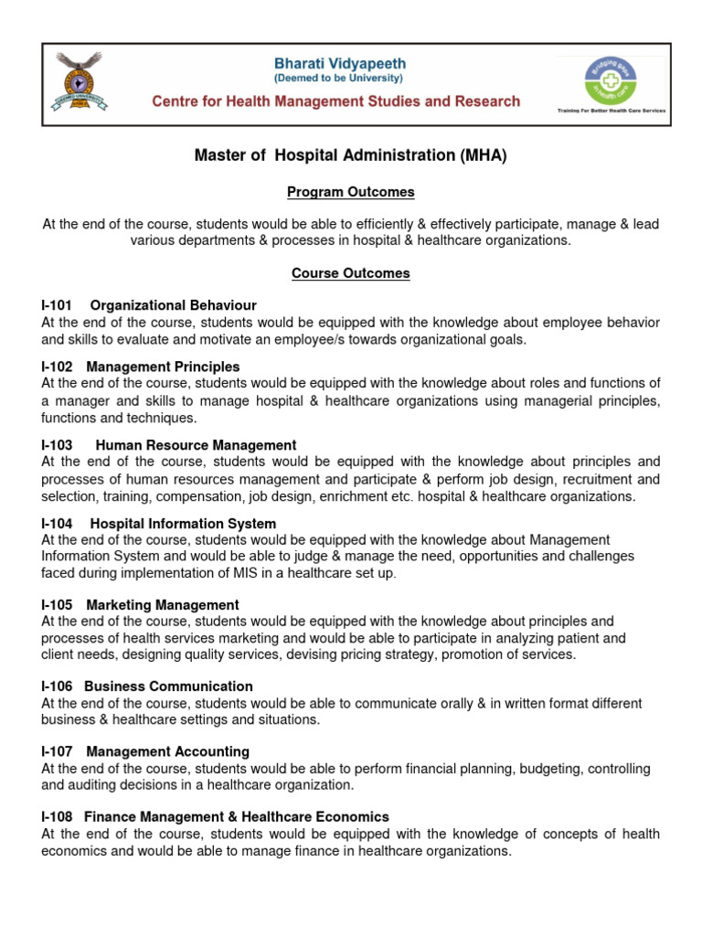 MHA Program Outcomes and Courses Overview | PDF | Health Care | Hospital