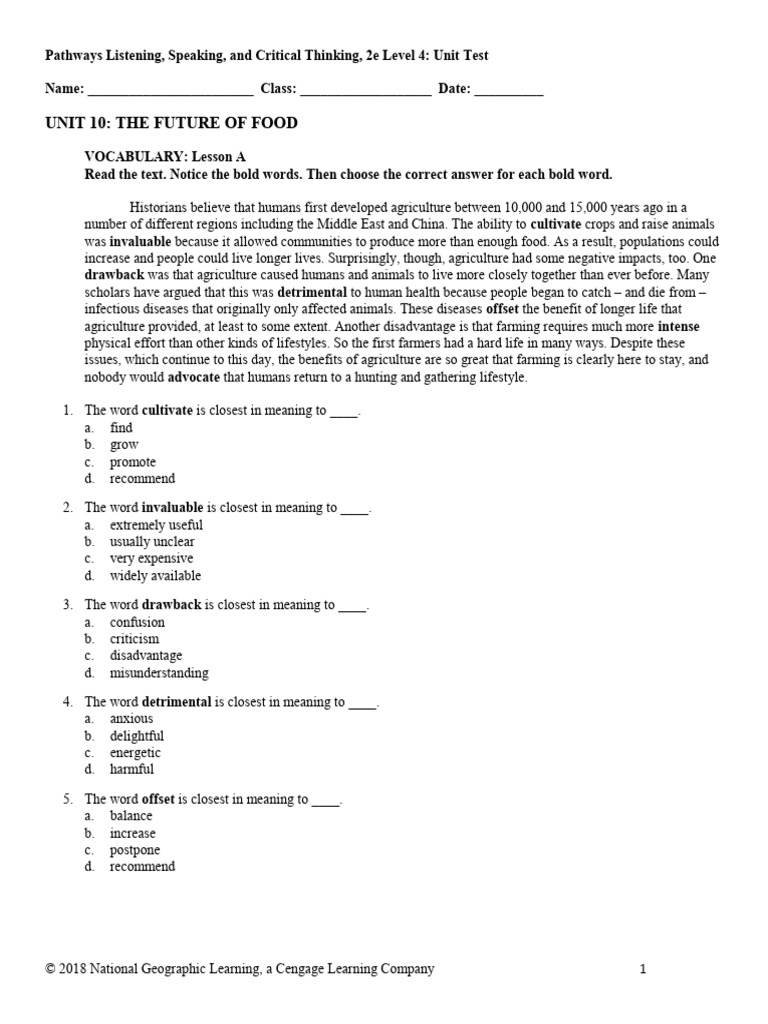 Pathways ls4 2e U10 Test 0 | PDF | Agriculture | Diet (Nutrition)