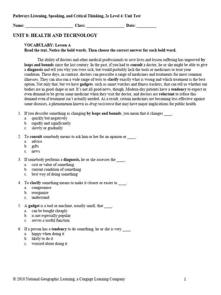 Unit Test for Pathways Level 4 | PDF | Medical Diagnosis | Physician