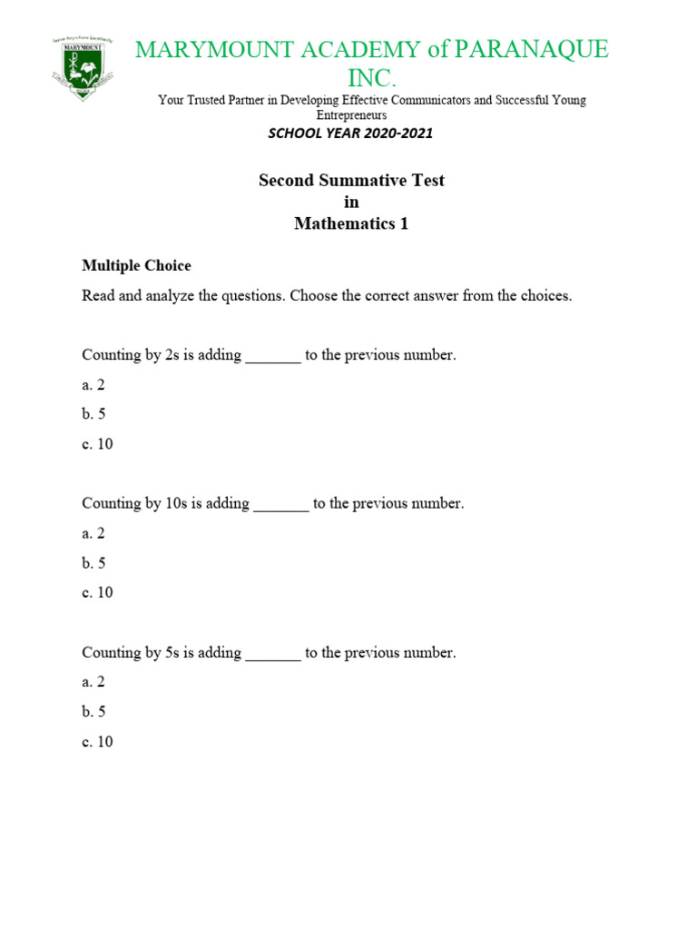Mathematics 1 Summative Test 2021 | PDF