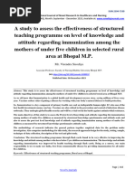 A study to assess the effectiveness of structured  teaching programme on level of knowledge and  attitude regarding immunization among the  mothers of under five children in selected rural area at Bhopal M.P.