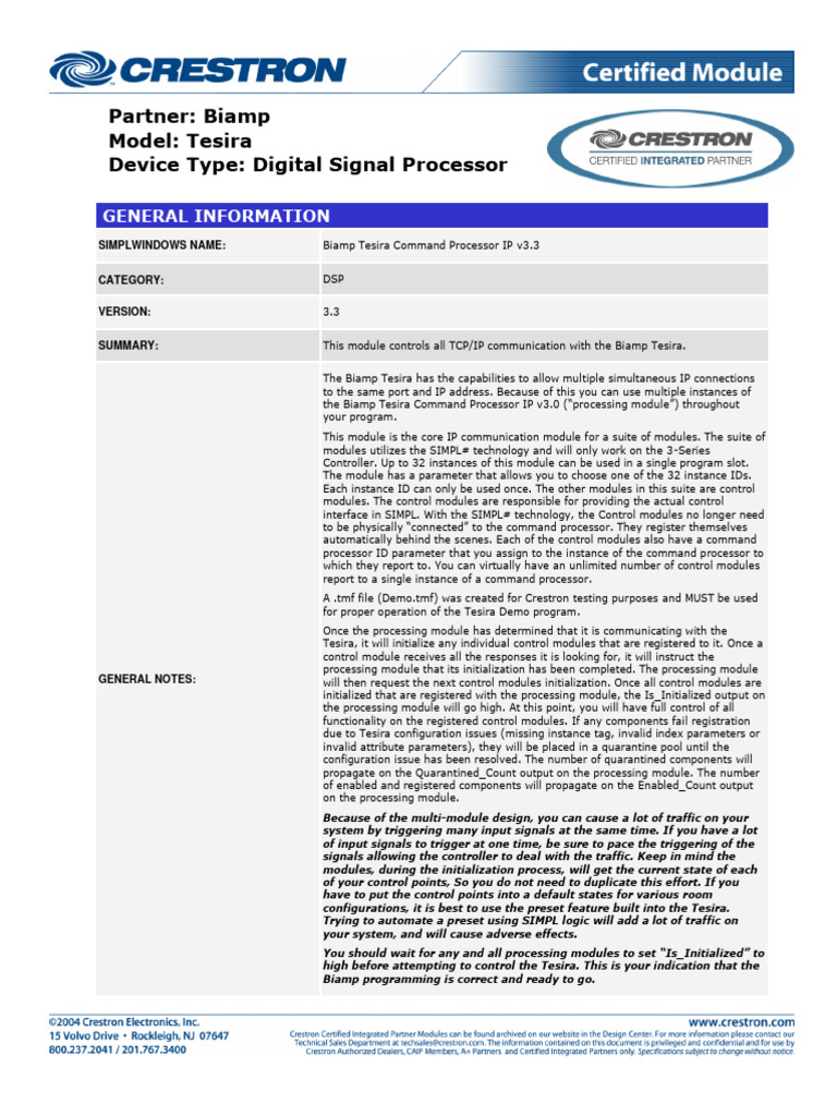 Biamp Tesira Command Processor Guide | PDF | Ip Address | Central ...