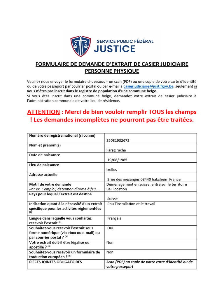Demande d'extrait de casier judiciaire | PDF