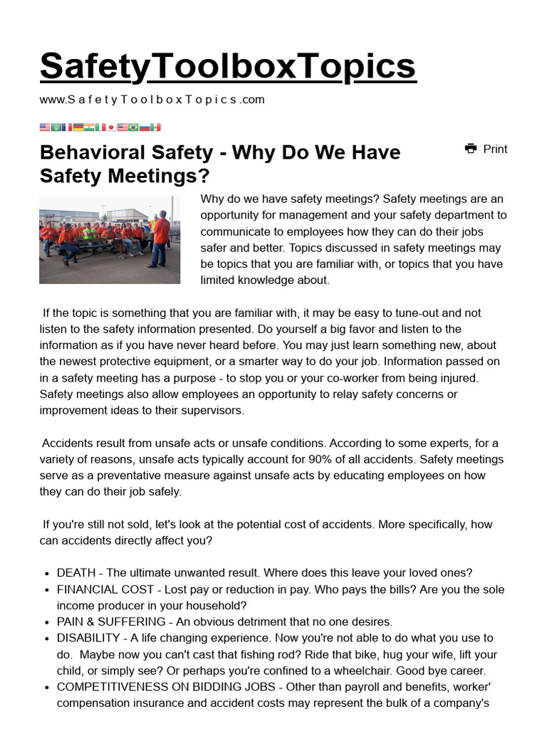 Behavioral safety why do we have safety meetings safety toolbox