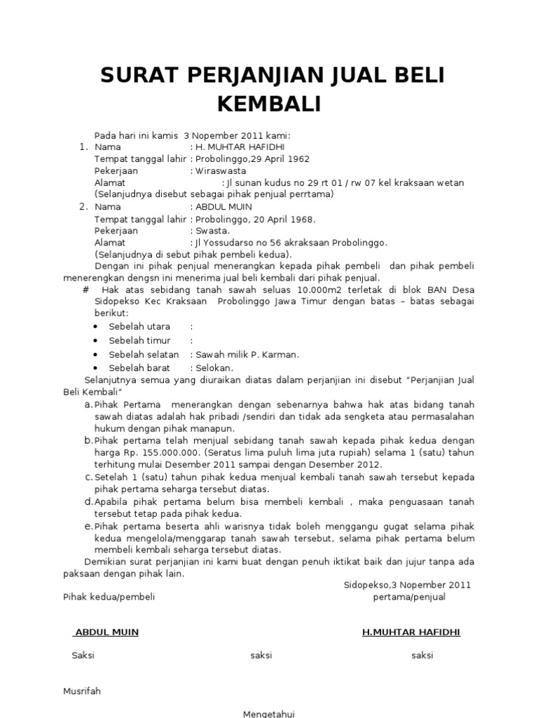 Contoh Surat Perjanjian Jual Beli Kereta Kembali