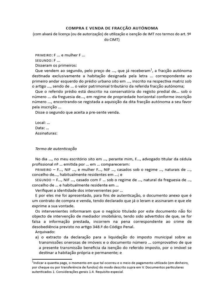 Compra e venda de frac o aut noma com alvar de licen a ou de