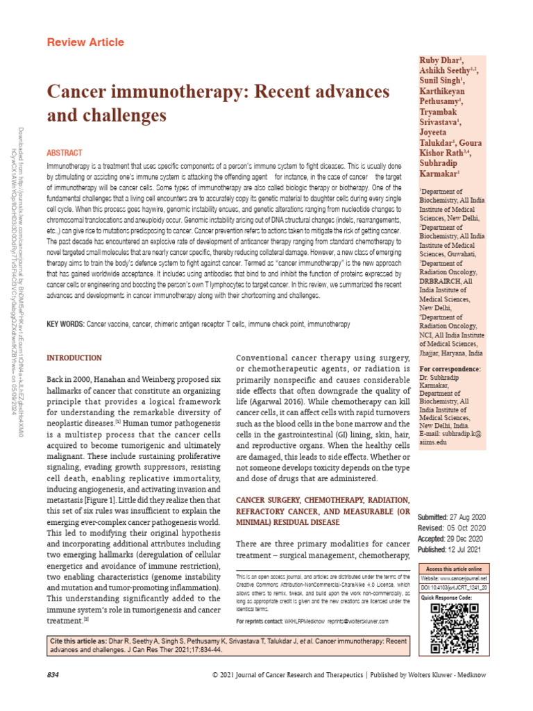 Cancer Immunotherapy Recent Advances And.2 | PDF | Immunotherapy | Cancer
