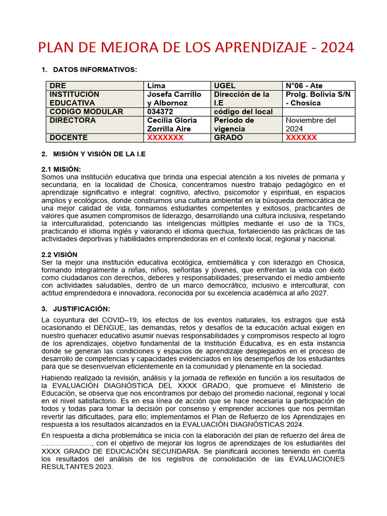 Plan de Mejora de Aprendizajes 2024 | PDF | Evaluación | Cognición