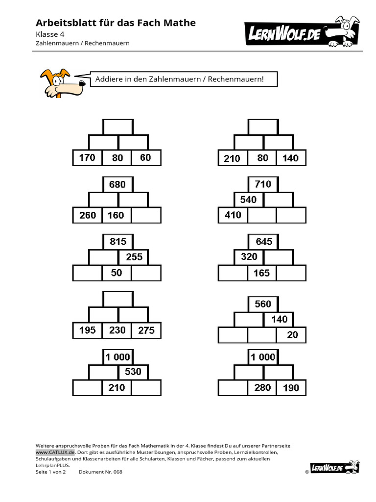 068 Gratisarbeitsblatt Grundschule Zahlenmauern Rechenmauern | PDF
