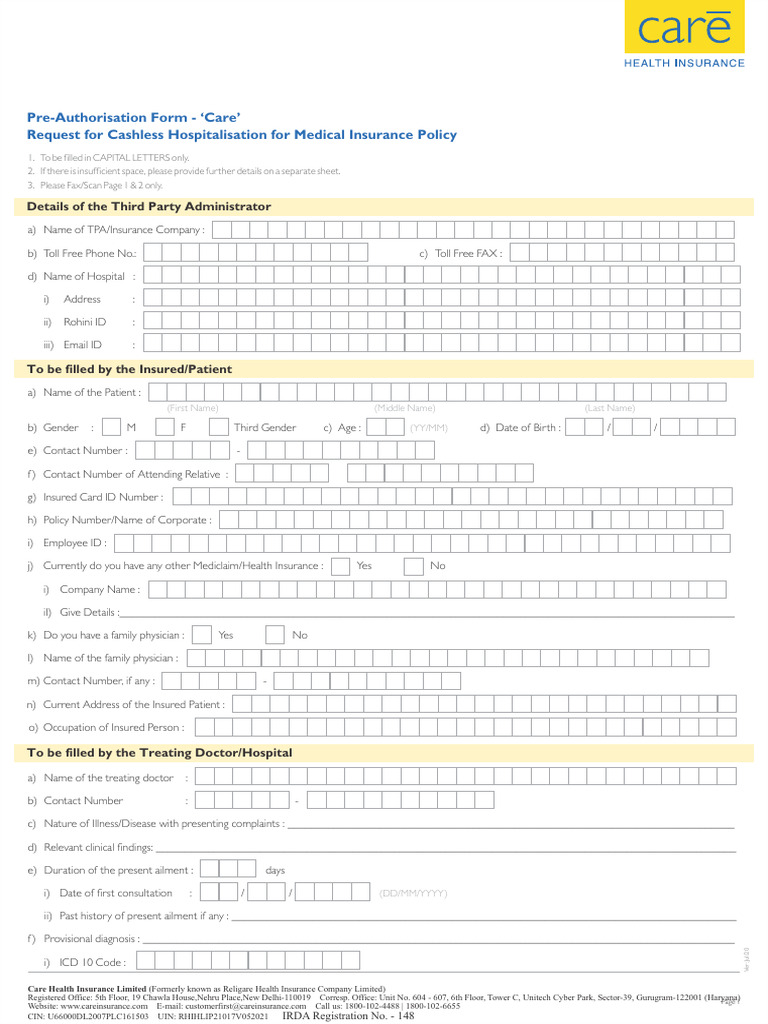 Care Health Pre-Authorization Form | PDF | Patient | Hospital