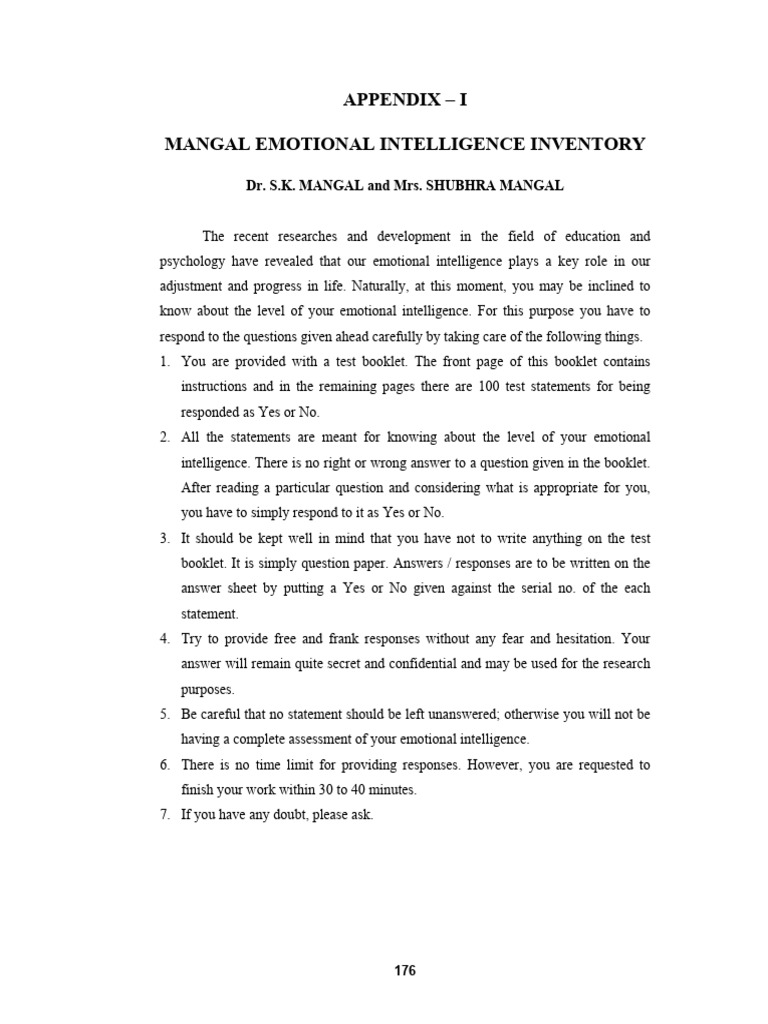 Mangal Emotional Intelligence Inventory | PDF | Anxiety