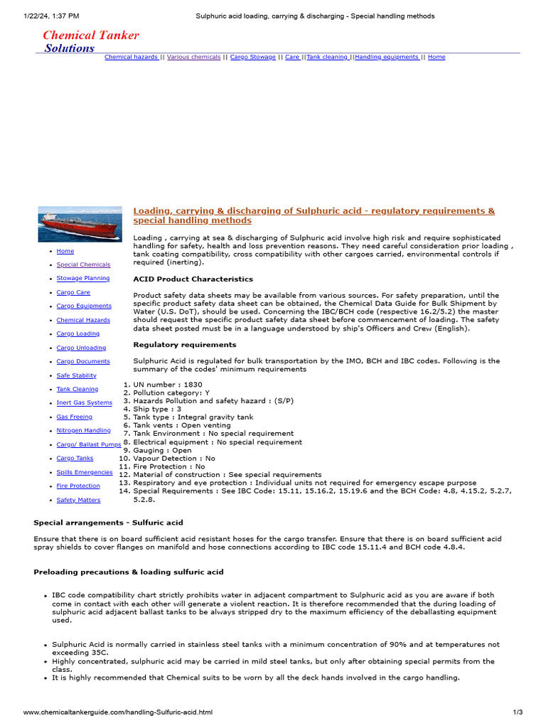 Sulfuric Acid Loading & Transport Guidelines | PDF | Oil Tanker | Cargo