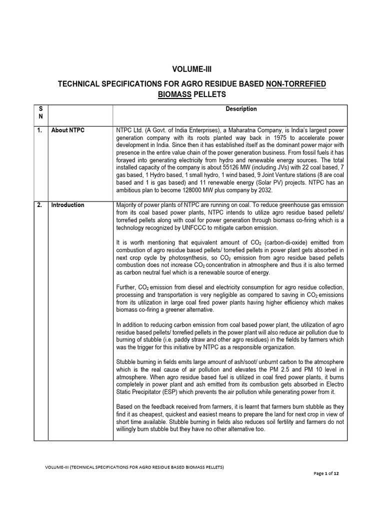 NTPC Non-Torrefied Biomass Pellets Specs | PDF | Fossil Fuel Power ...
