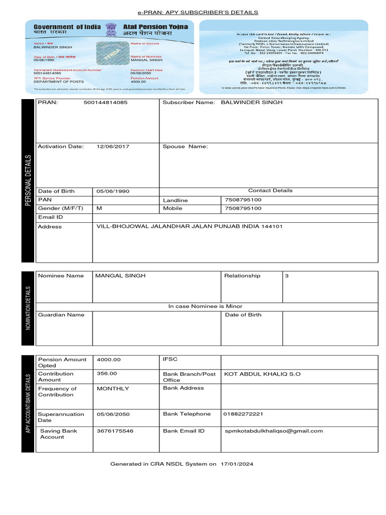 e-PRAN APY Subscriber Information | PDF
