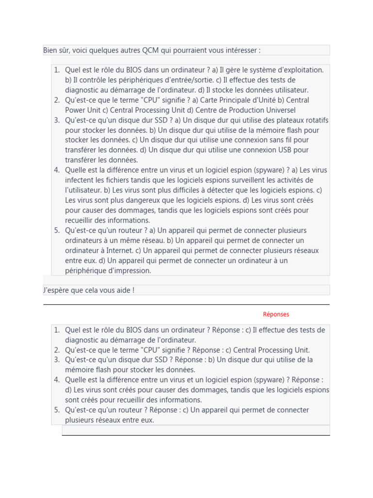 QCM Informatique : Concepts Clés et Réponses | PDF | Logiciel espion ...