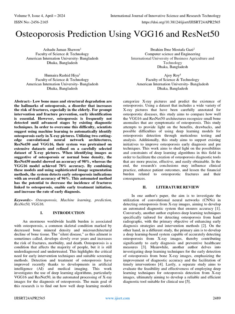 Osteoporosis Prediction Using VGG16 and ResNet50 | PDF | Osteoporosis ...