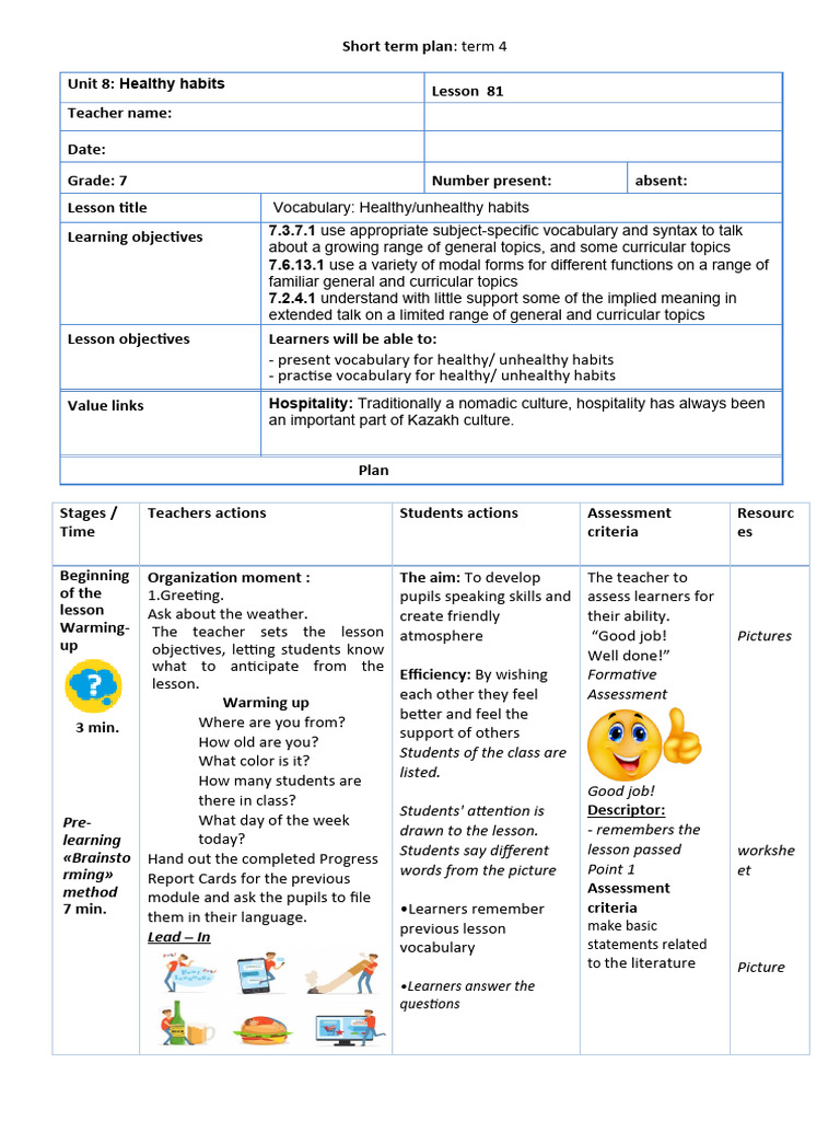 Healthy Habits Lesson Plan for Grade 7 | PDF | Learning | Teachers