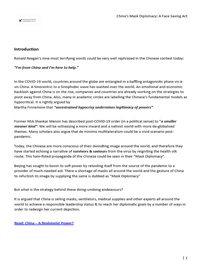 China's Mask Diplomacy A Face Saving Act TRSN PDF China World
