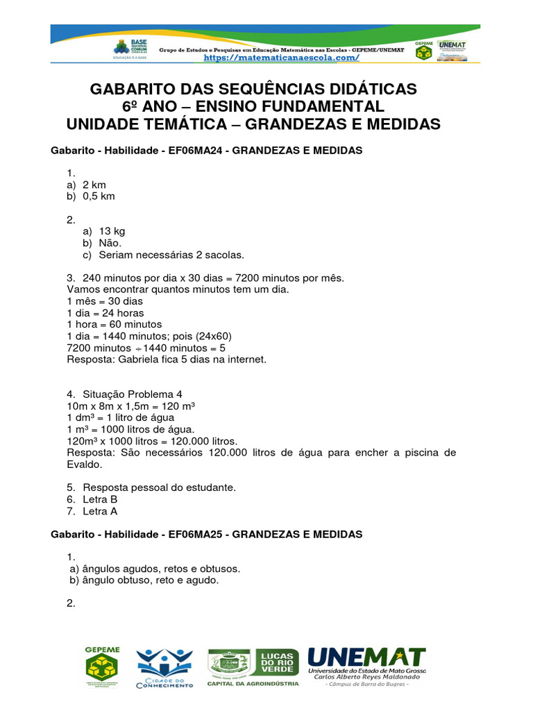 Gabarito 6º Ano - LRV - Habilidades - Grandezas e Medidas | Download ...