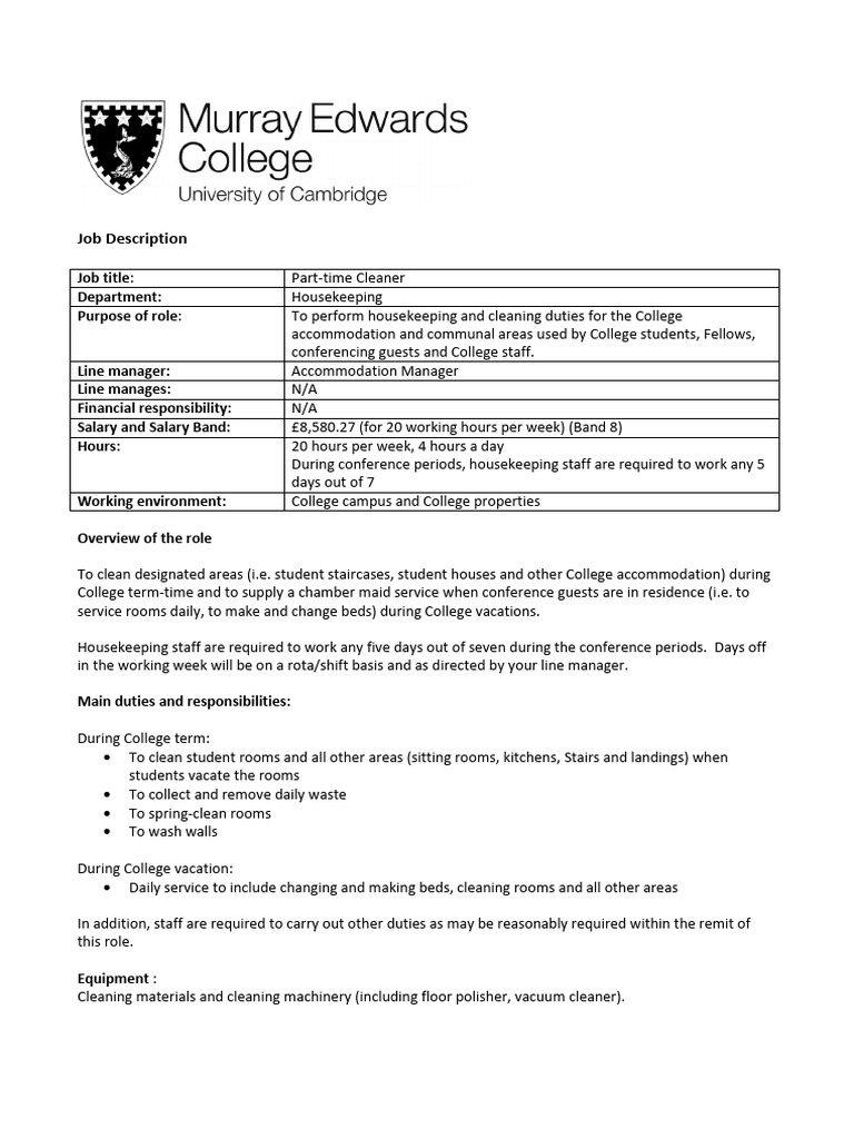Job Description Cleaner PartTime PDF Housekeeping