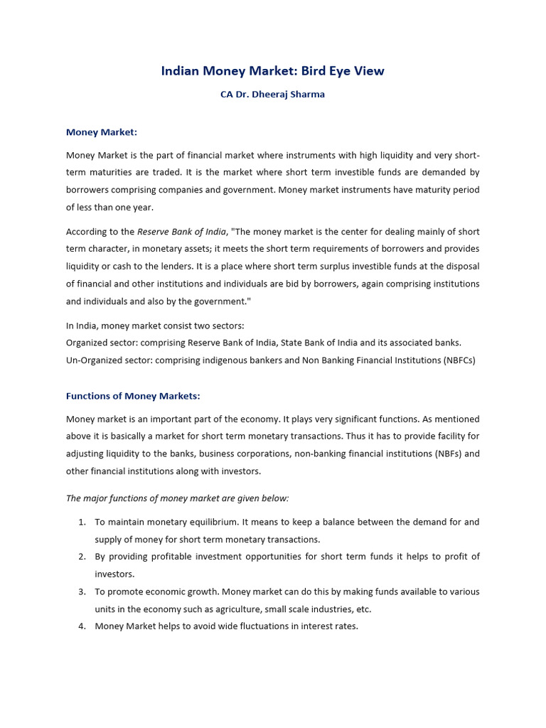 Overview of India's Money Market | PDF | Financial Markets | Repurchase ...