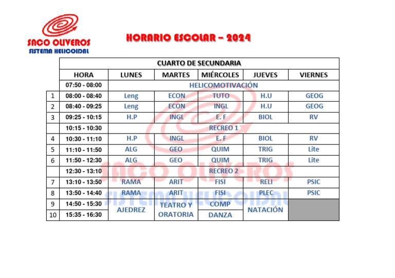 Horario Escolar 2024: 4° Secundaria | PDF | Estudios de idiomas ...